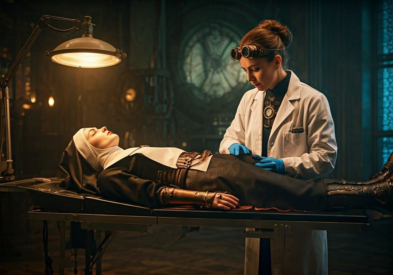 Steampunk Scientist Examines Nun on Autopsy Table