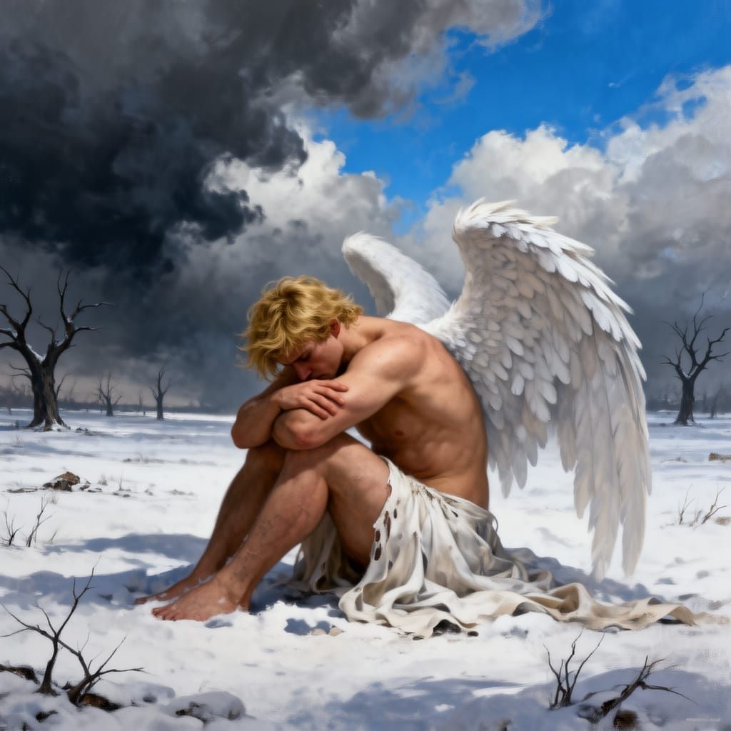 Melancholic Angel in Desolate Winter Landscape