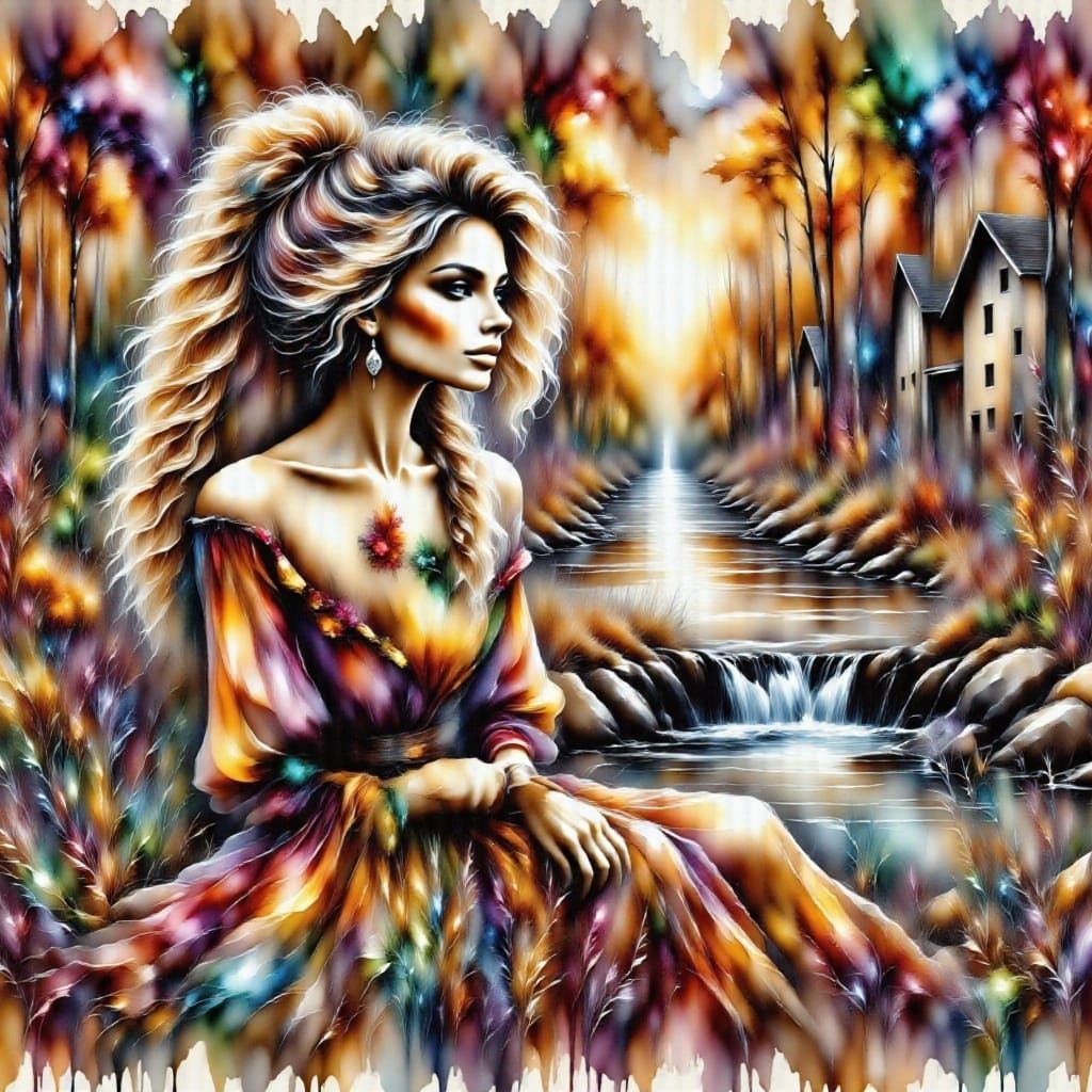 Mysterious Figure in Art Deco Style with Double Sunrise Suns...