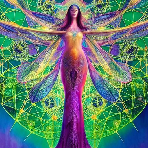 Dragonfly-Human Hybrid in Sunset Network: Watercolor Art