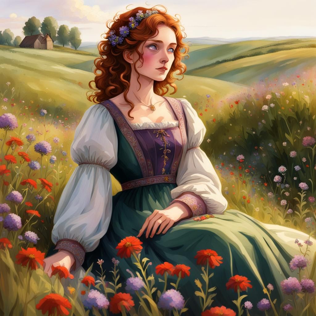 Victorian Peasant Woman in Flower Field