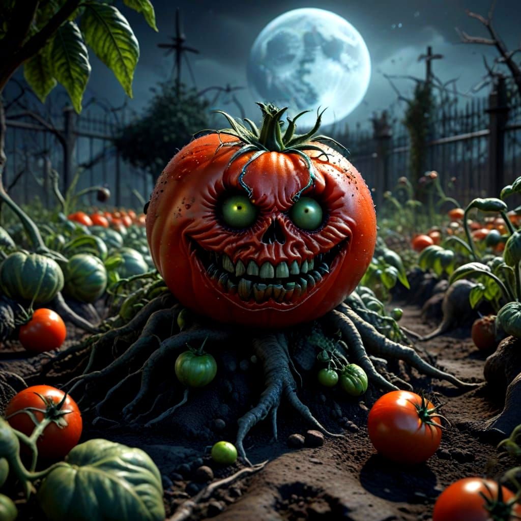 Creepy Mutant Tomato in Dark Garden: Photorealistic Horror