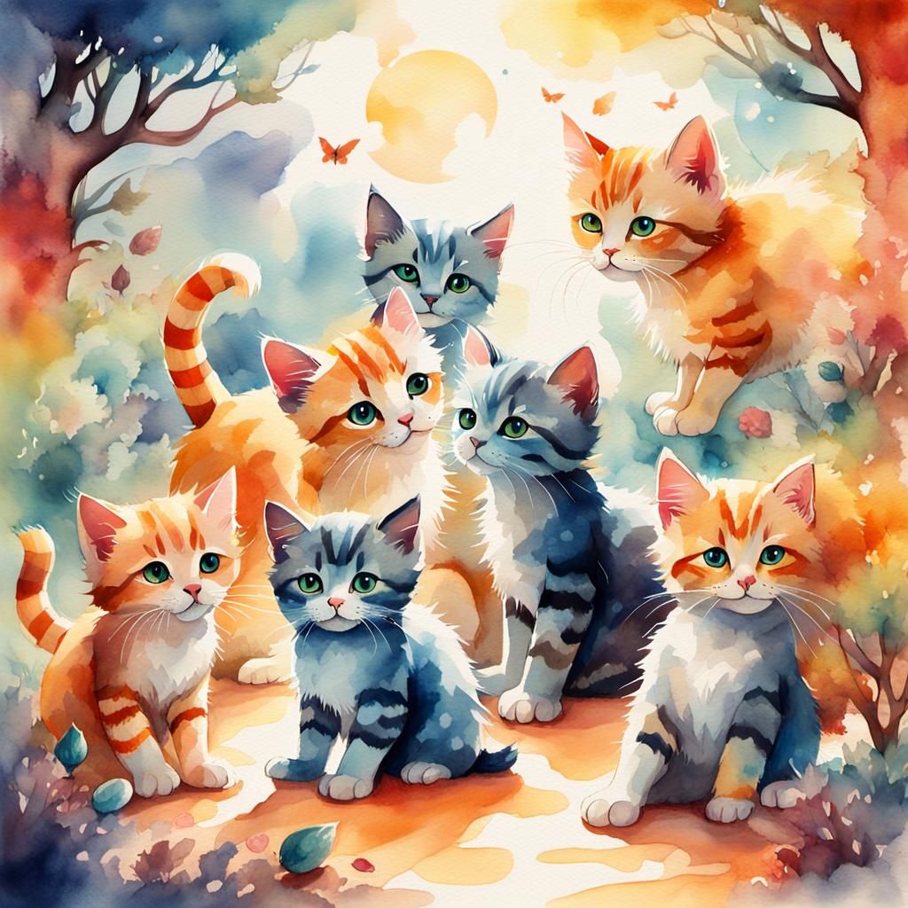 Whimsical Watercolor Fantasy: Giant Kittens Play with Miniat...