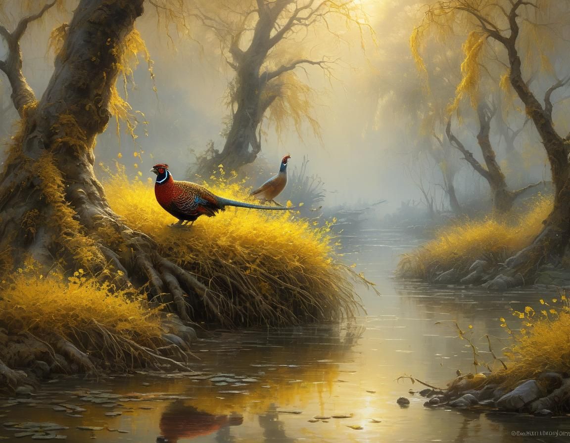 Wet on Wet Watercolour Portrait of Golden Pheasants in a Whi...