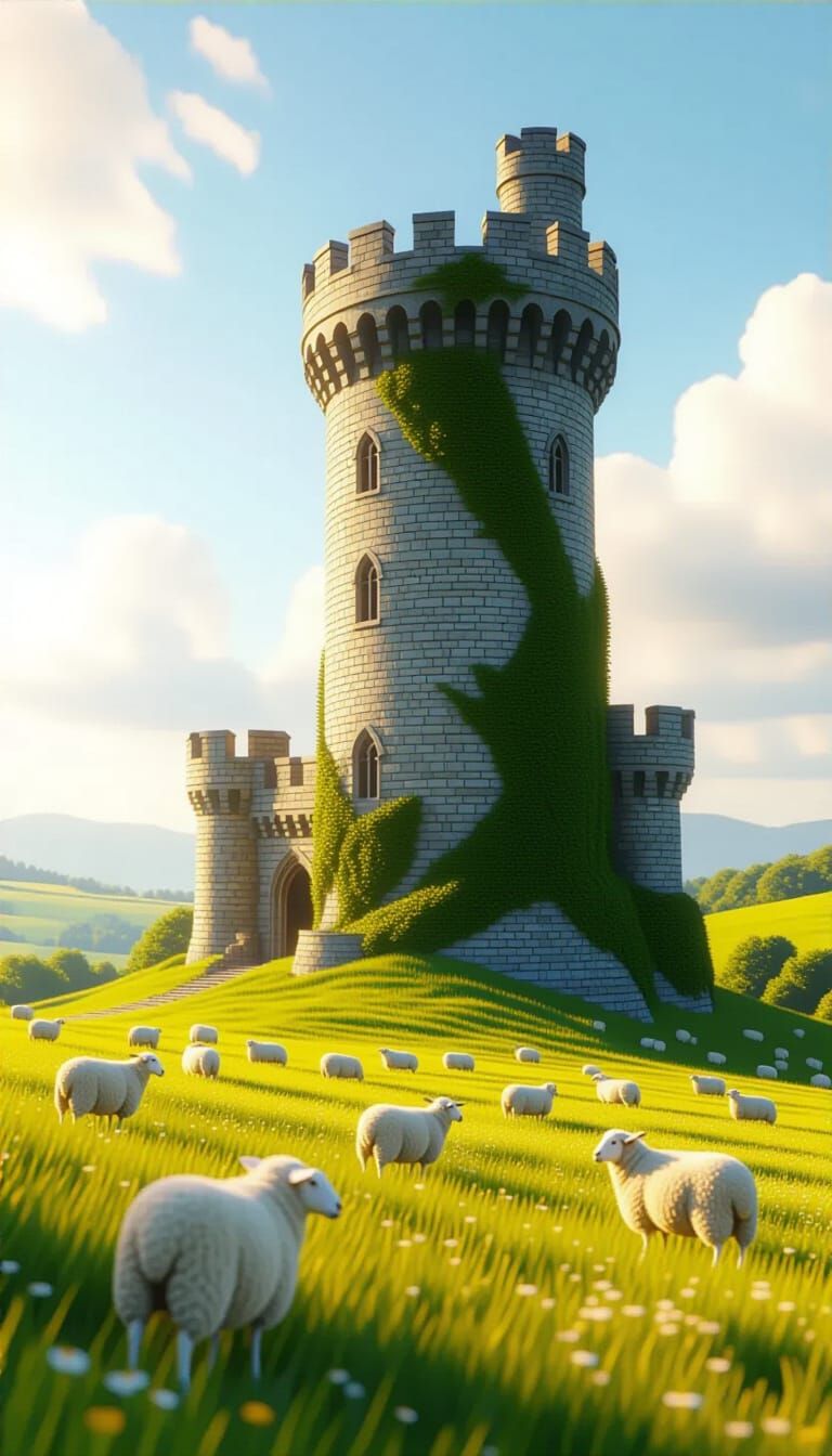 Hyperrealistic Castle Tower Amidst Sheep and Wildflowers