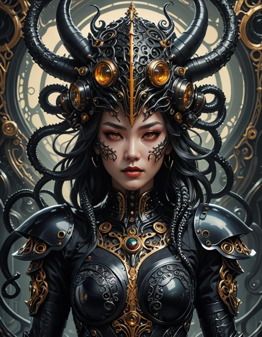 Obsidian Tentacle Demon Knight in Retrofuturism Style