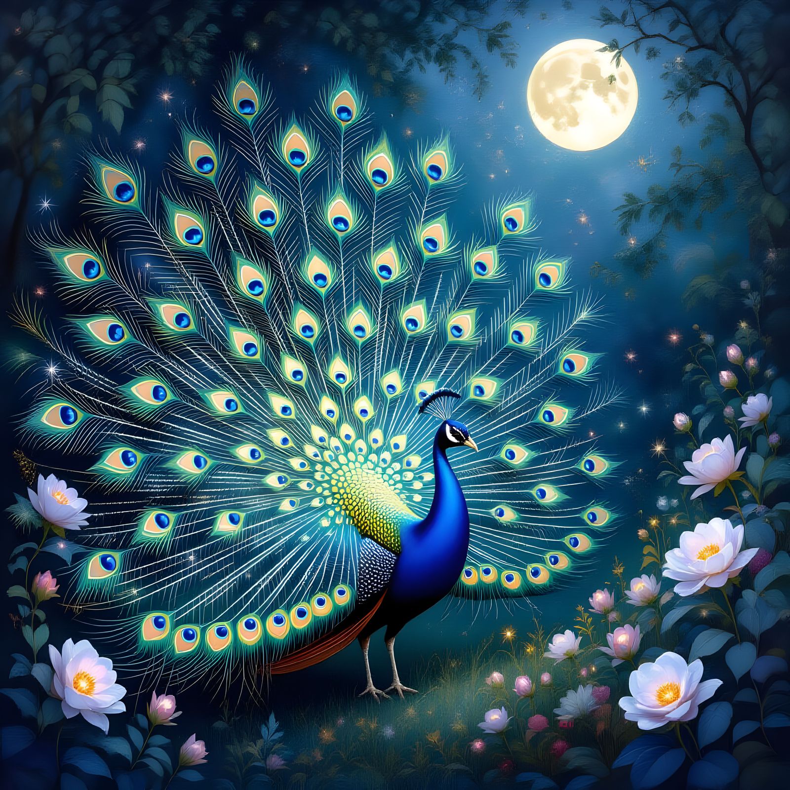 Majestic Peacock with Stardust Feathers in Moonlit Garden