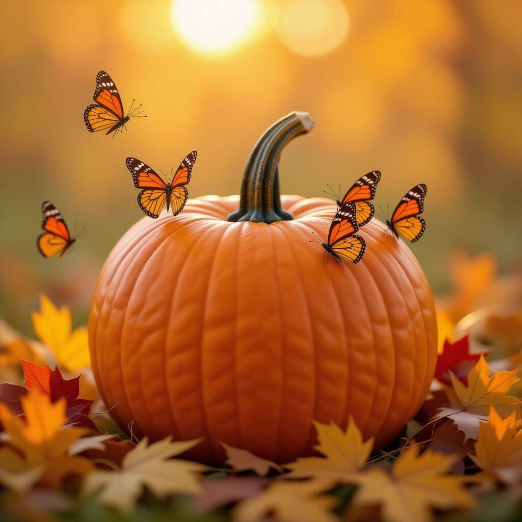 Cozy Autumn Pumpkin with Impressionistic Butterflies Paintin...