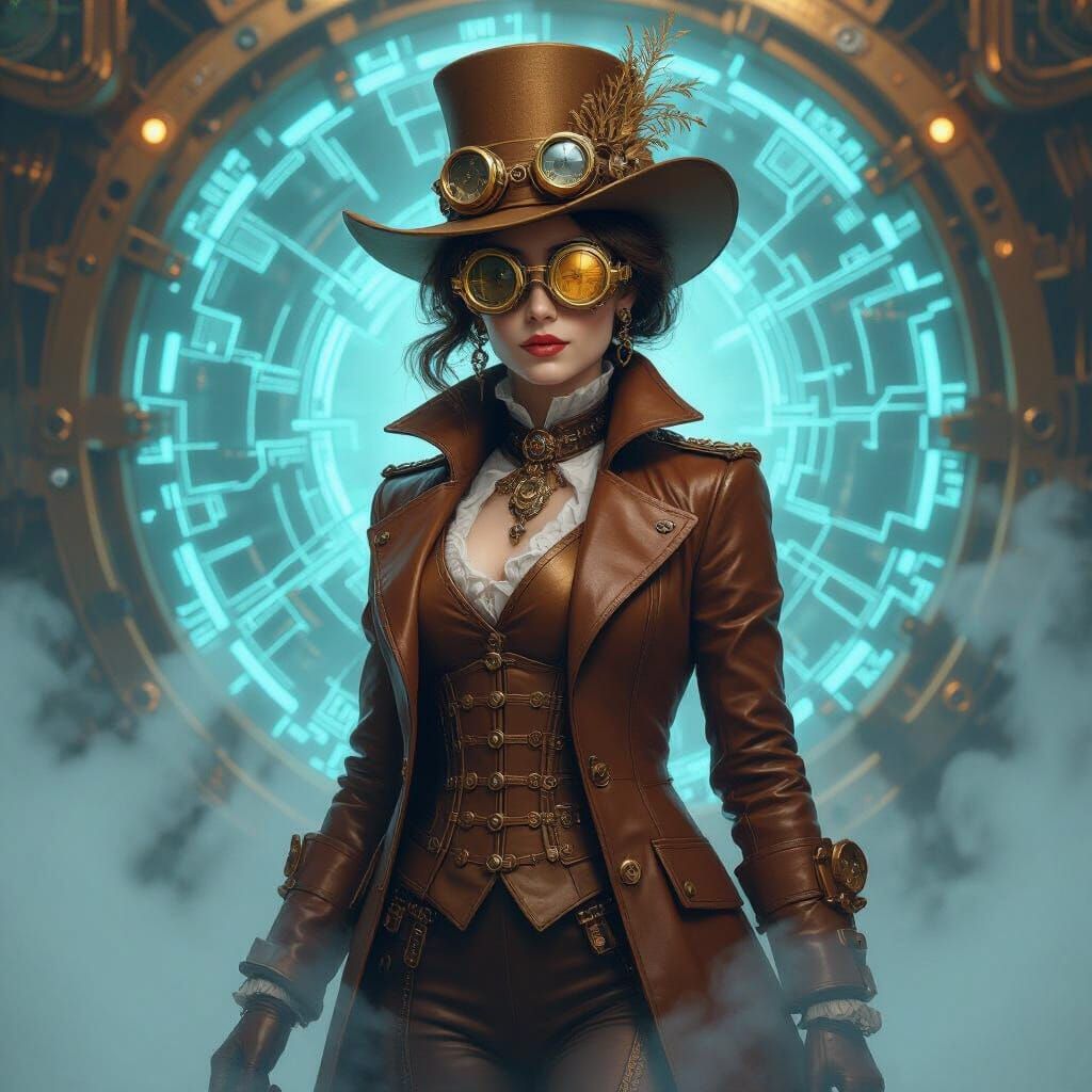 Quantum Steam Deco Punk Lady in Vintage Futurism Style