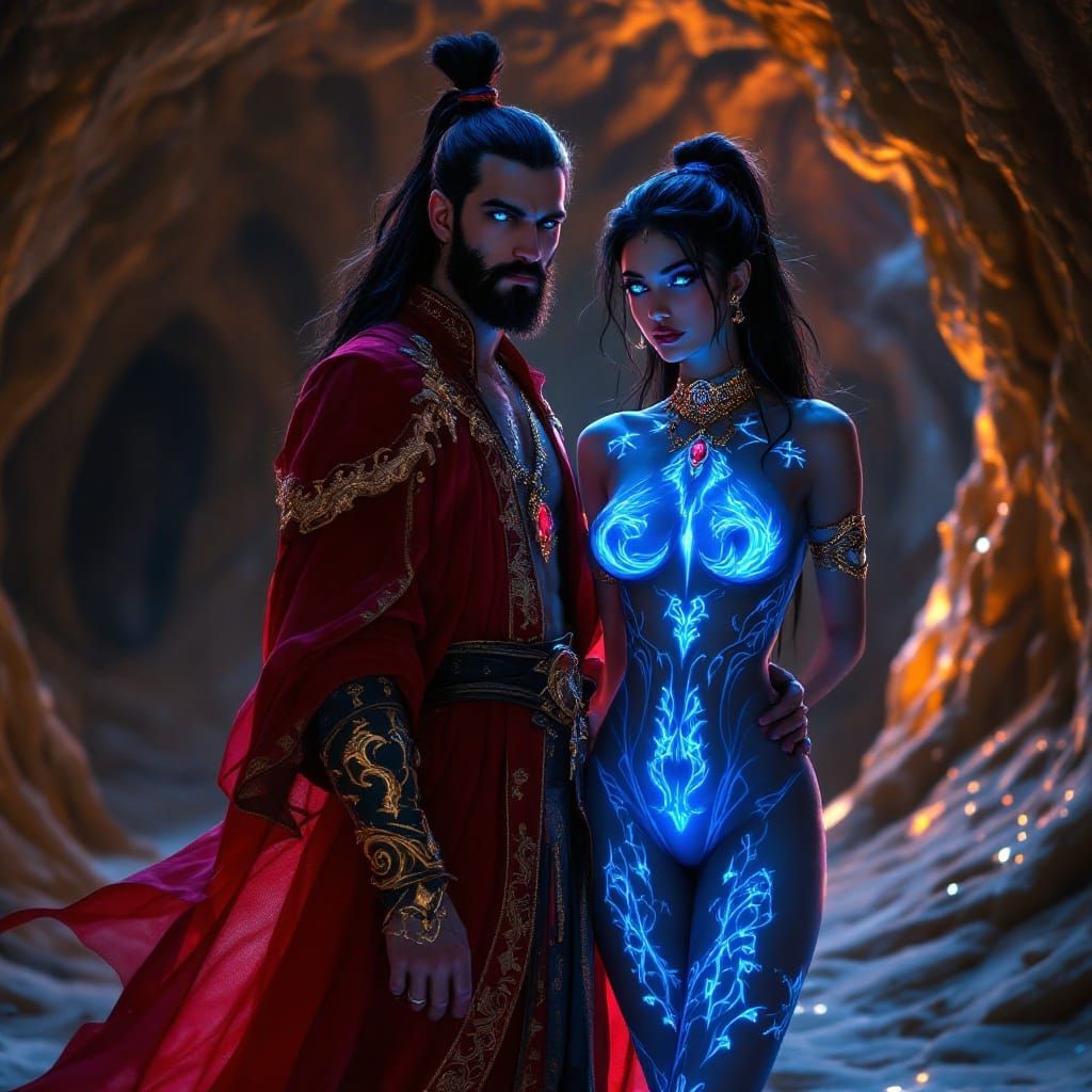 Ethereal Princess Jasmine in Dark Desert Cave, Beside Enigma...