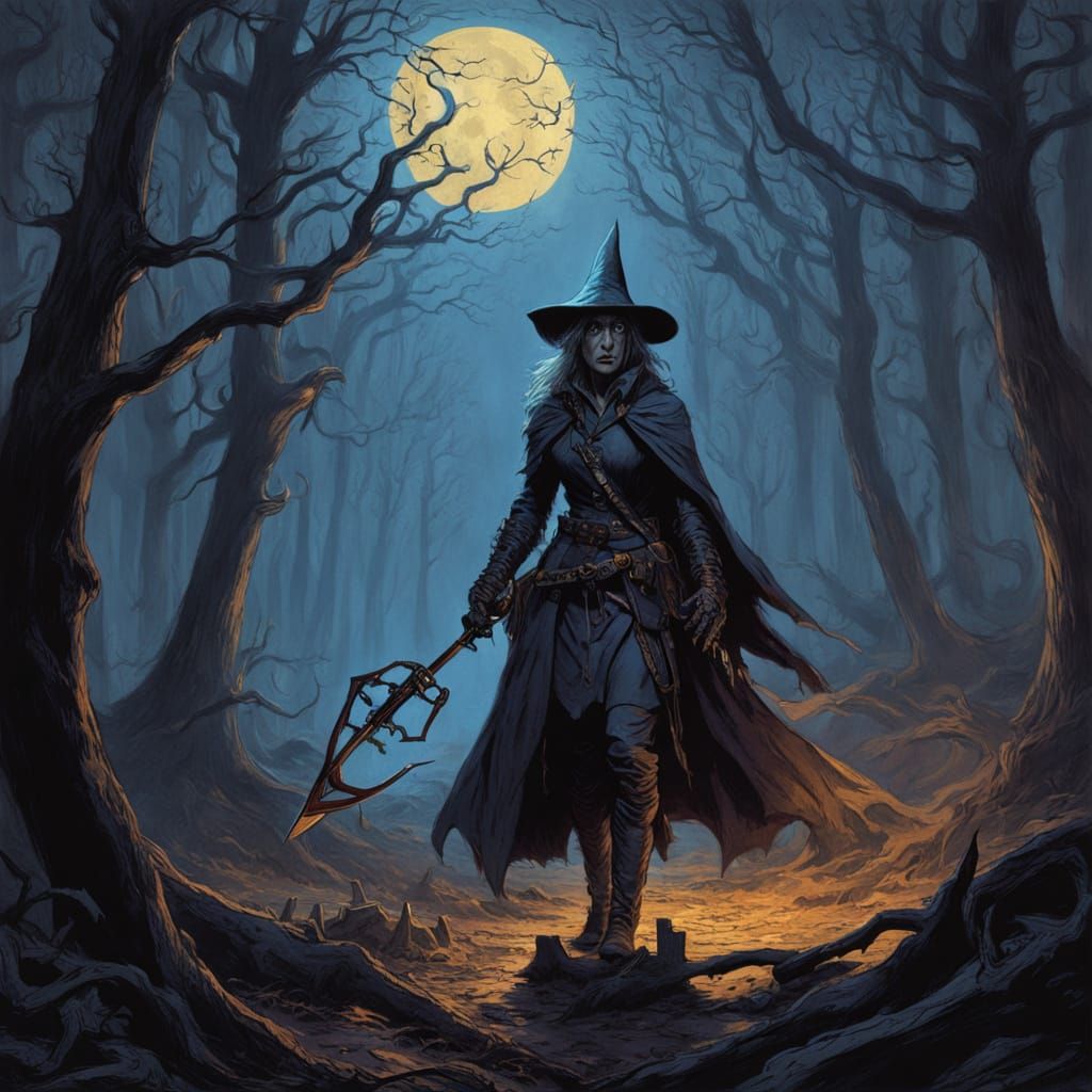 Female Witch Hunter in Dark Fantasy Landscape