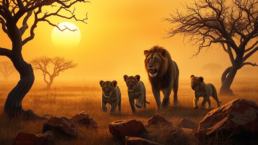 Lioness and Cubs in Misty Savannah at Sunset