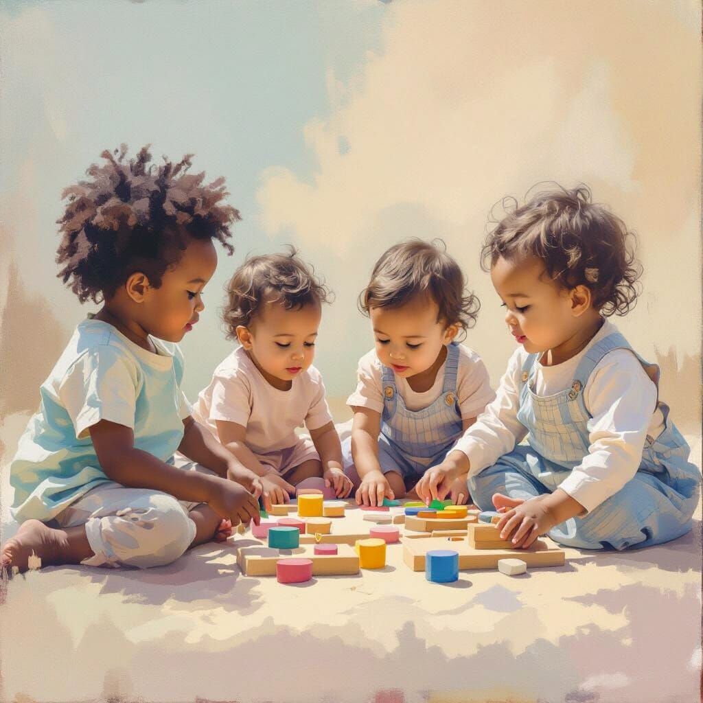 Montessori Toddlers in Dreamy Pastel Impressionist Style