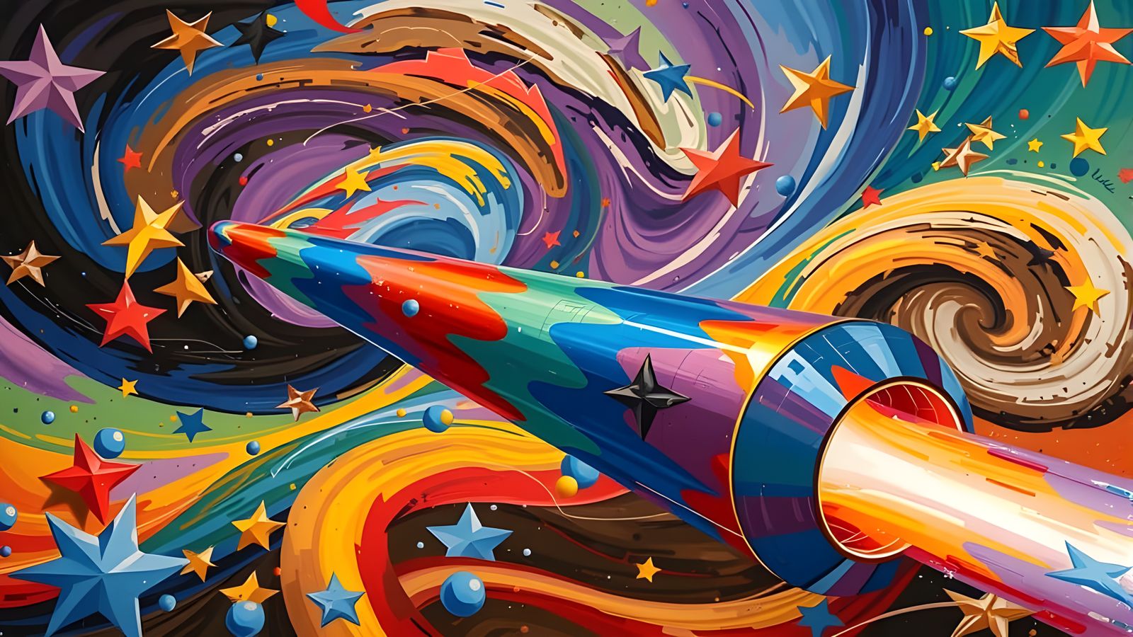 Sleek Mirror Cylinder in Vibrant Vortex of Paint and Stars