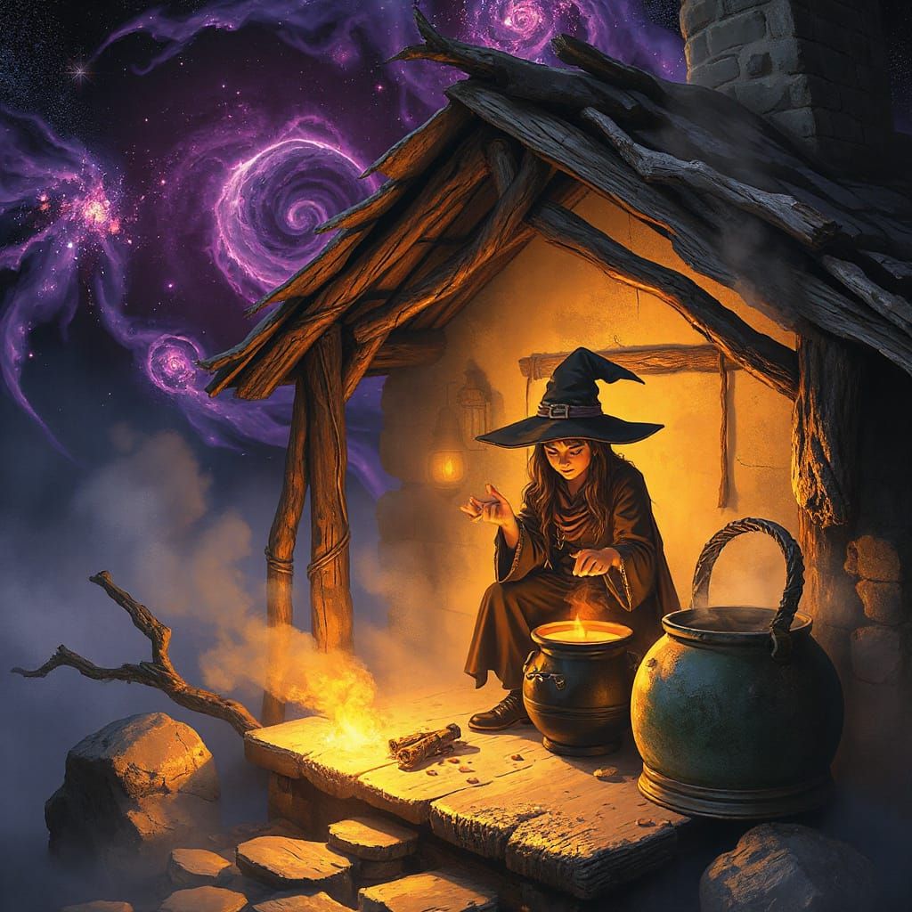 Fantasy Witch Brews Magic in Cosmic Hut