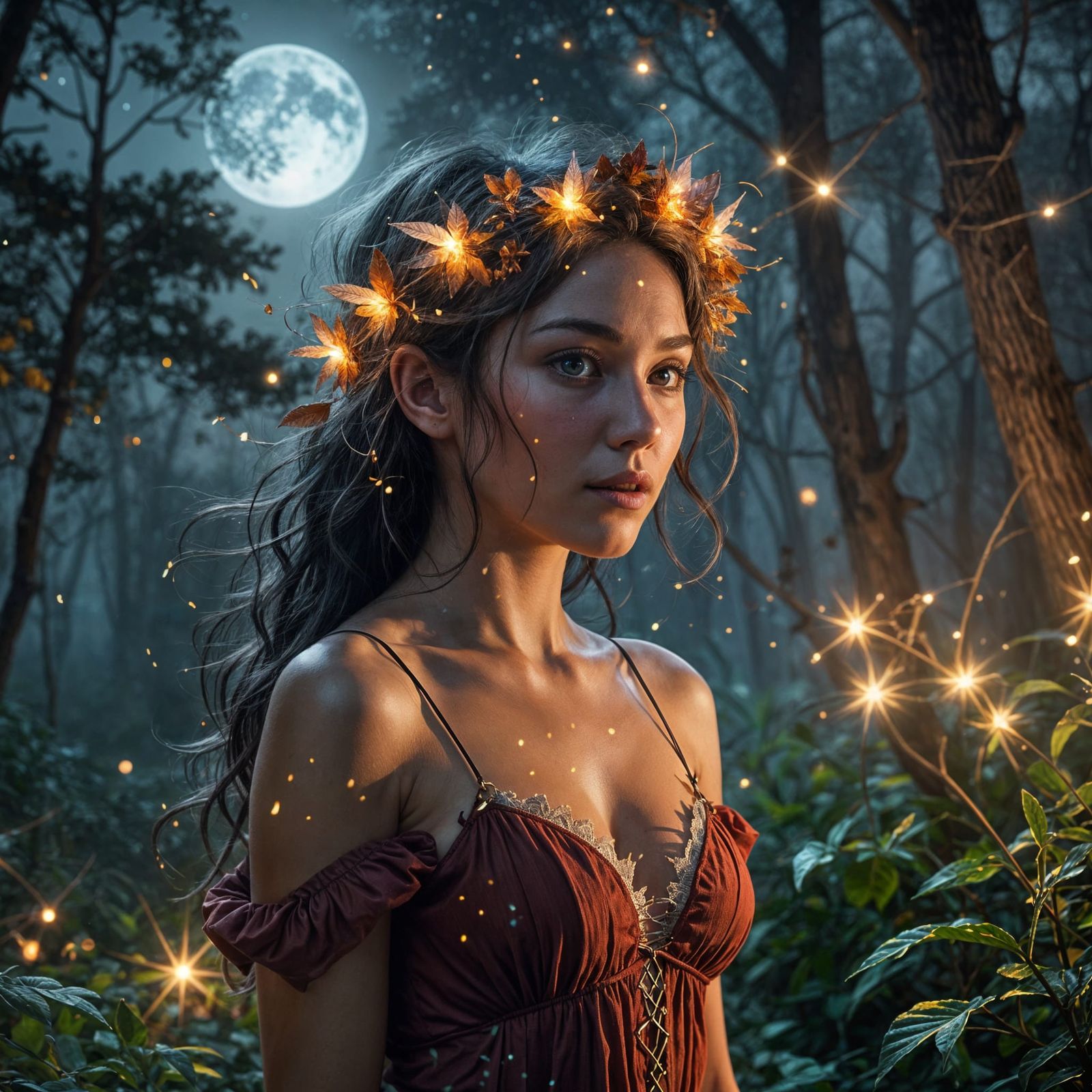 Romantic Forest Witch Portrait with Fireflies
