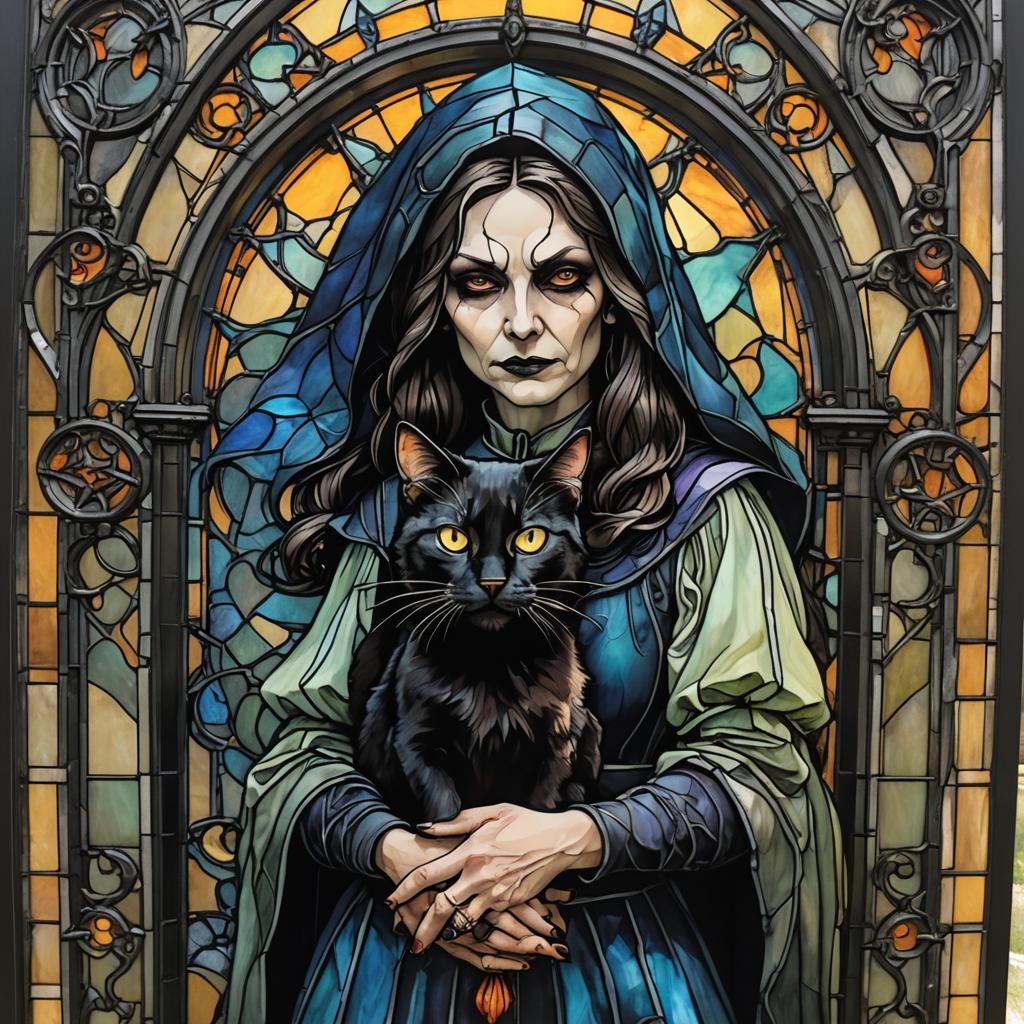 Gothic Stained Glass: Witch and Black Cat