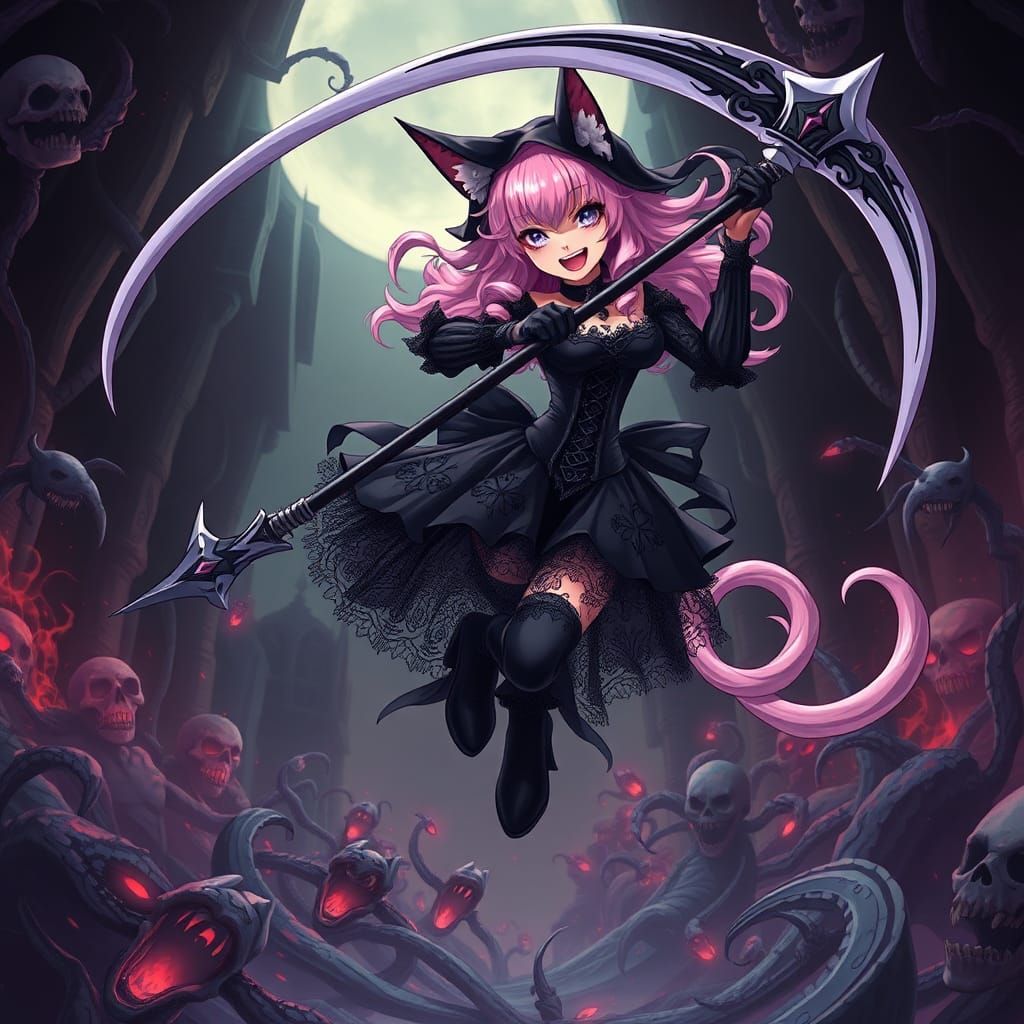 Anime Catgirl Reaper in Gothic Underworld