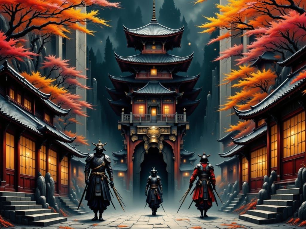 Asian Ninja Hiding Under Ornate Pagoda in Ancient Village