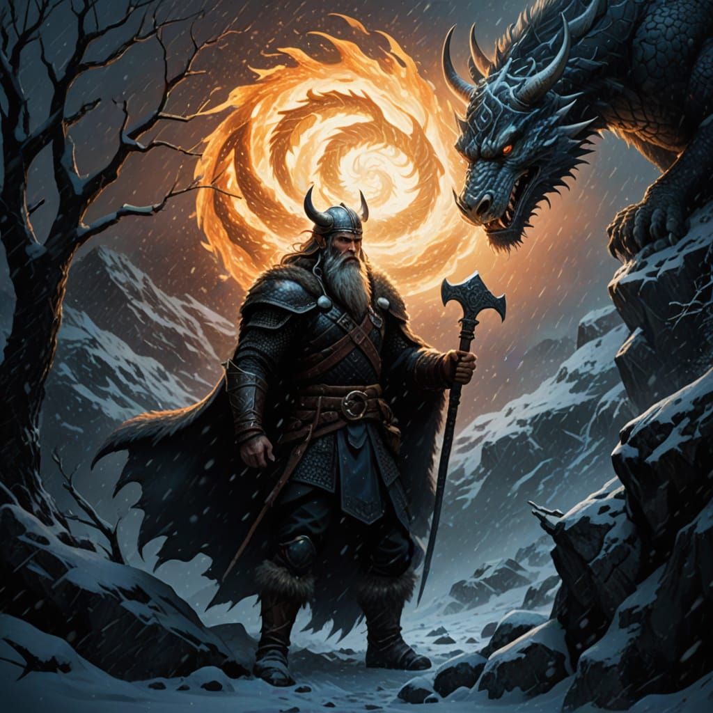 Viking Warrior With Tiny Dragon in Snowstorm