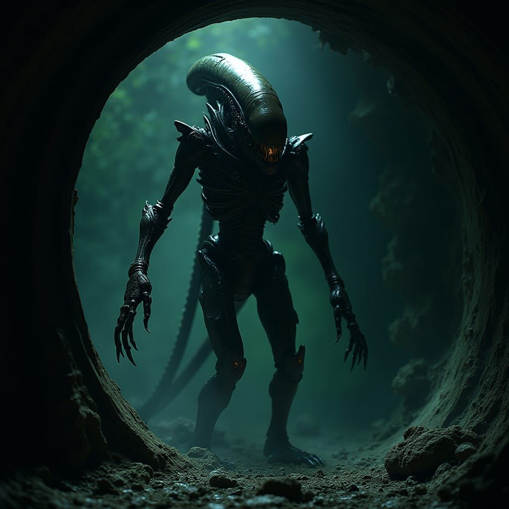 Bioluminescent Xenomorph in Derelict Spaceship, Biomechanica...