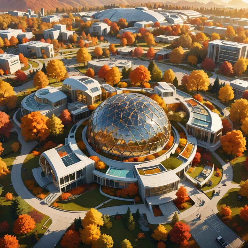 Futuristic Geodesic Hospital in Autumn Landscape