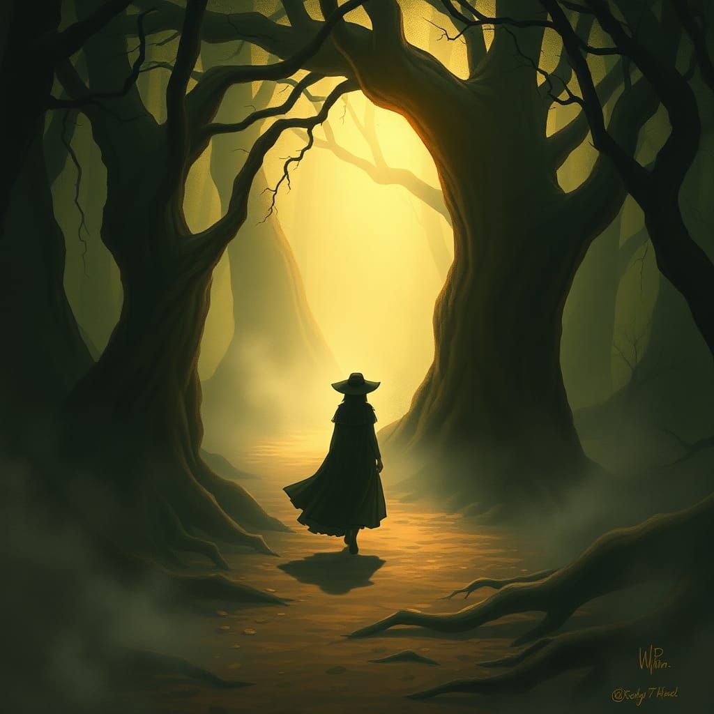 Mystical Woman in Misty Forest Illustration