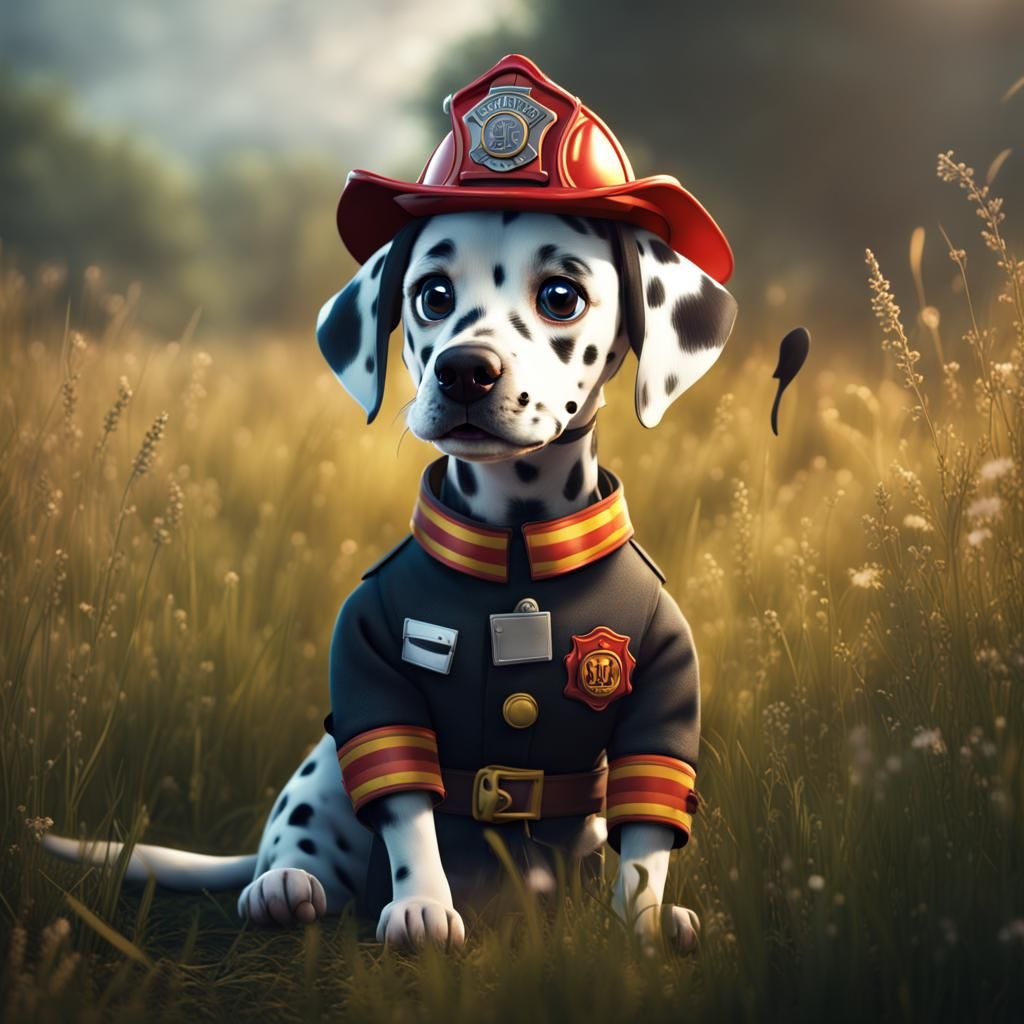 Dalmatian Puppy Firefighter in Grassy Field