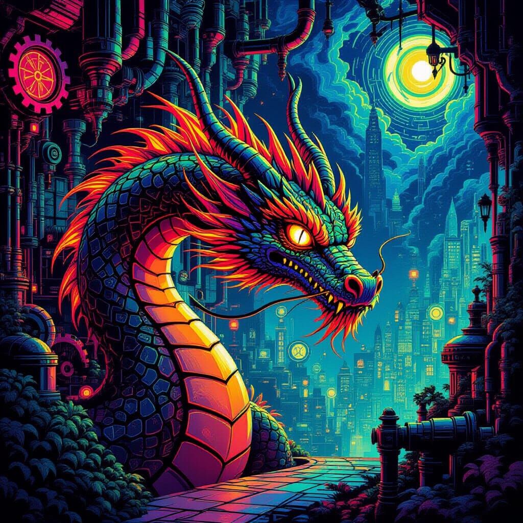 Neon Dragon with Impossible Geometry, Futuristic Art