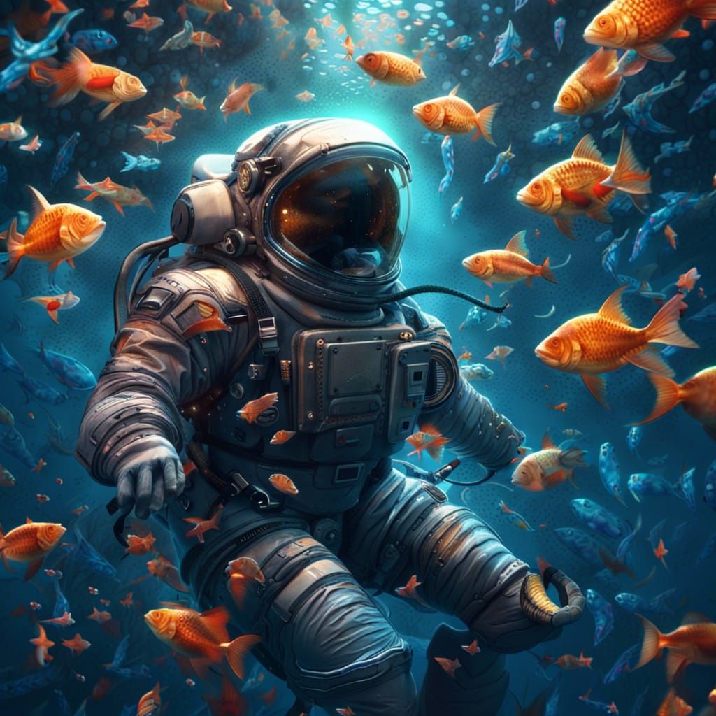 Astronaut Underwater with Bioluminescent Fish in Digital Art
