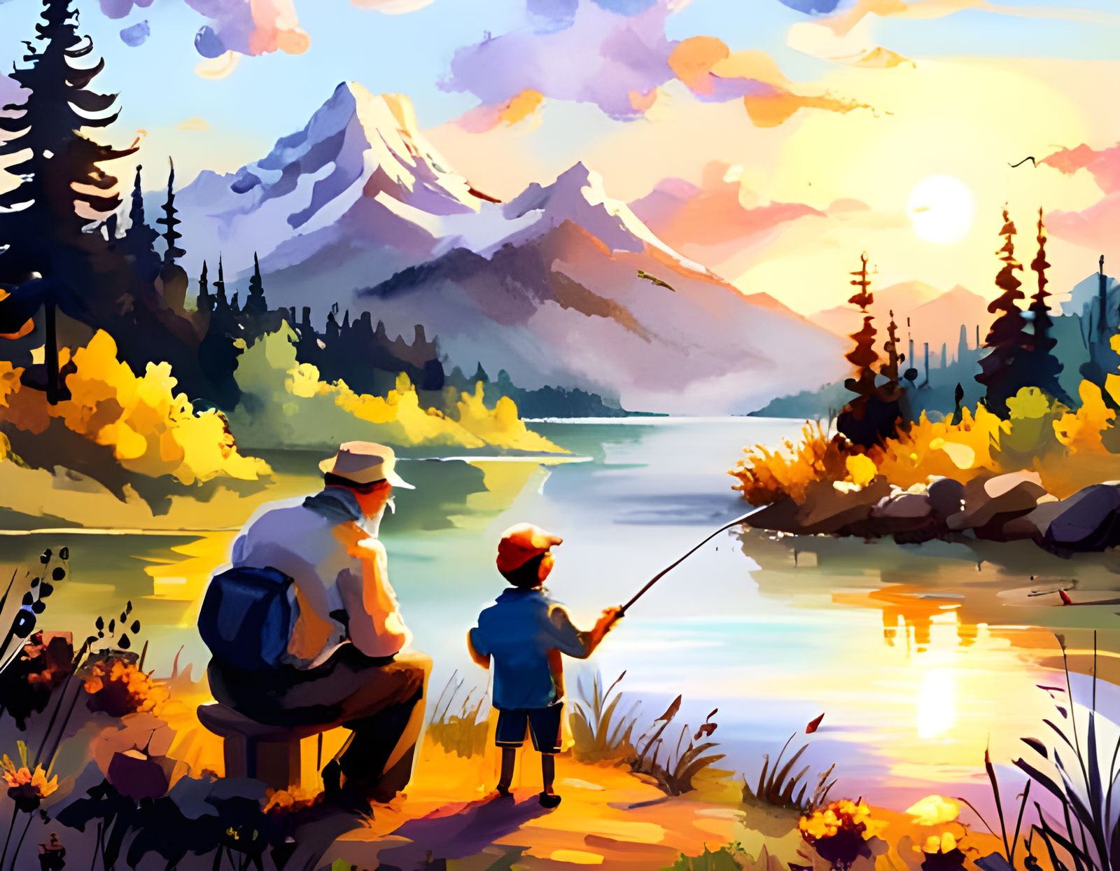 Grandfather and Grandson Fishing: Watercolor Fantasy Illustr...