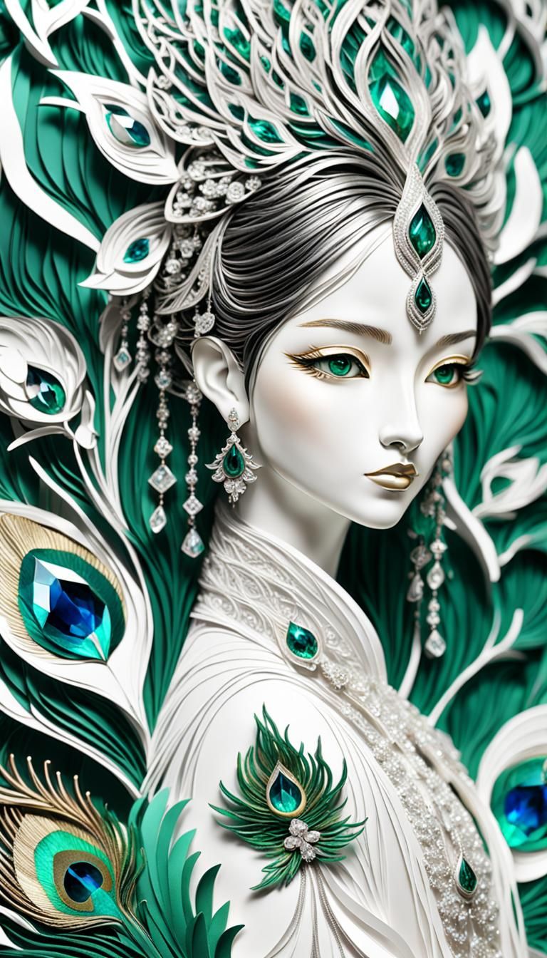 Emerald Gemstone Girl in Intricate Paper Sculpture