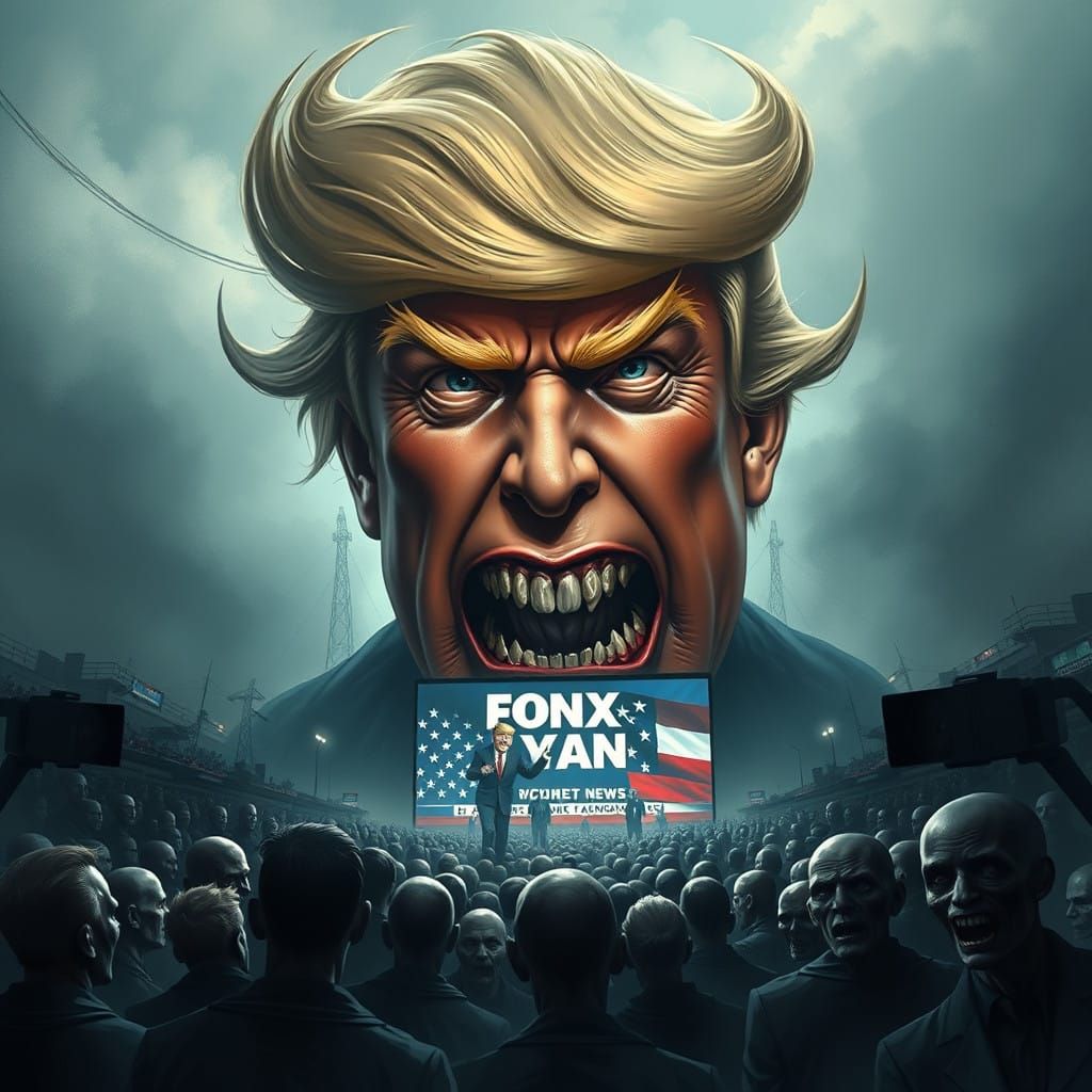 Grotesque Trump Head Devours MAGA Zombies in Dark, Ominous L...