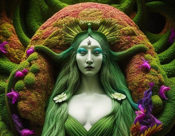 Celestial Woman in Surreal Sun and Moon Bed