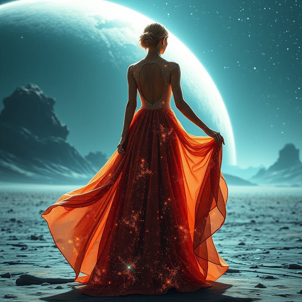 Woman in Starlight Gown on Alien Planet
