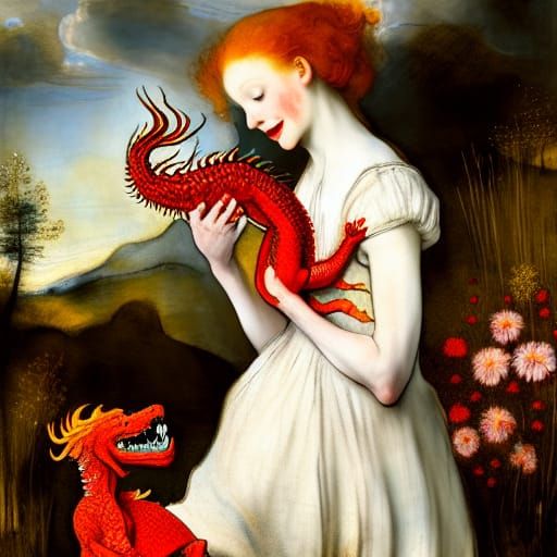 Woman and Dragon in Meadow, Rembrandt Style