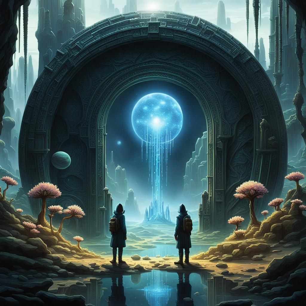 Travelers at Fading Portal to Alien Worlds
