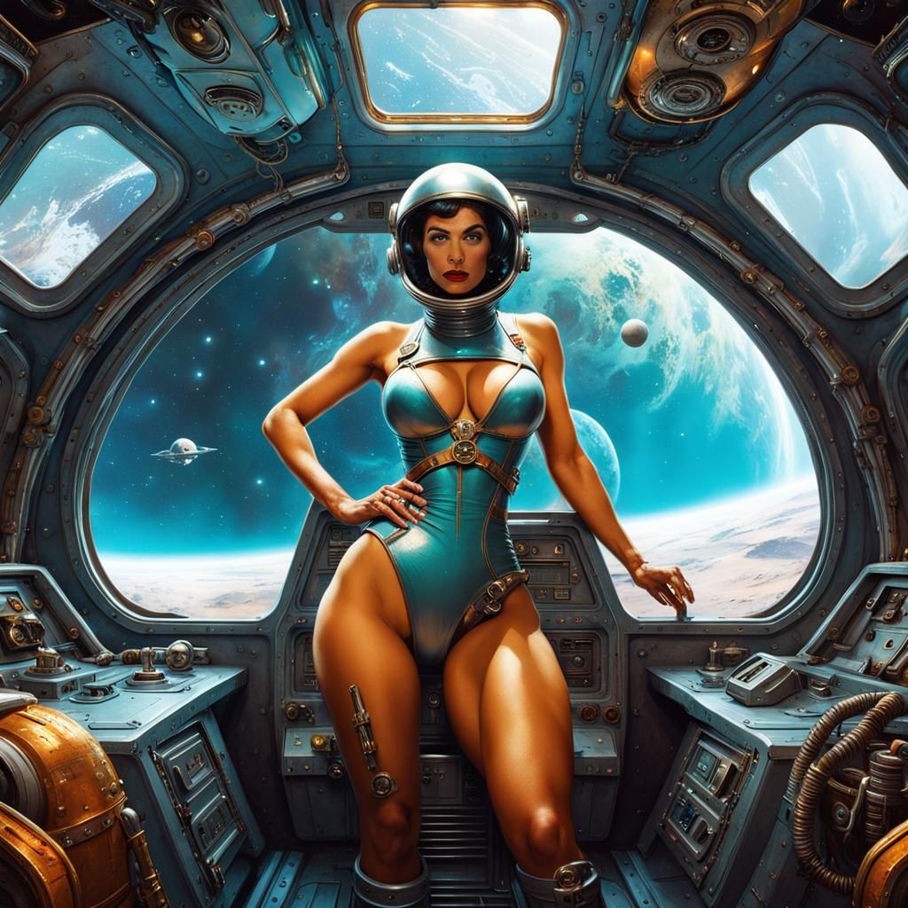 Retro Sci-Fi Pin-Up in Space, Frazetta Style