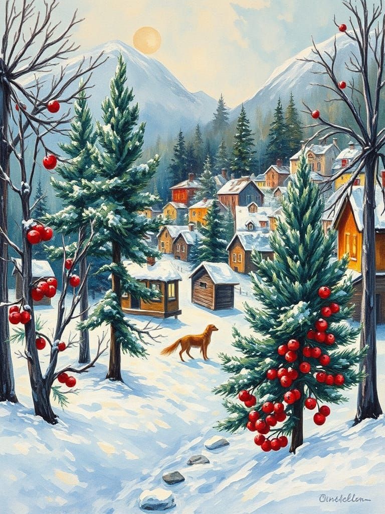 Winter Village with Berries, Art Nouveau Style