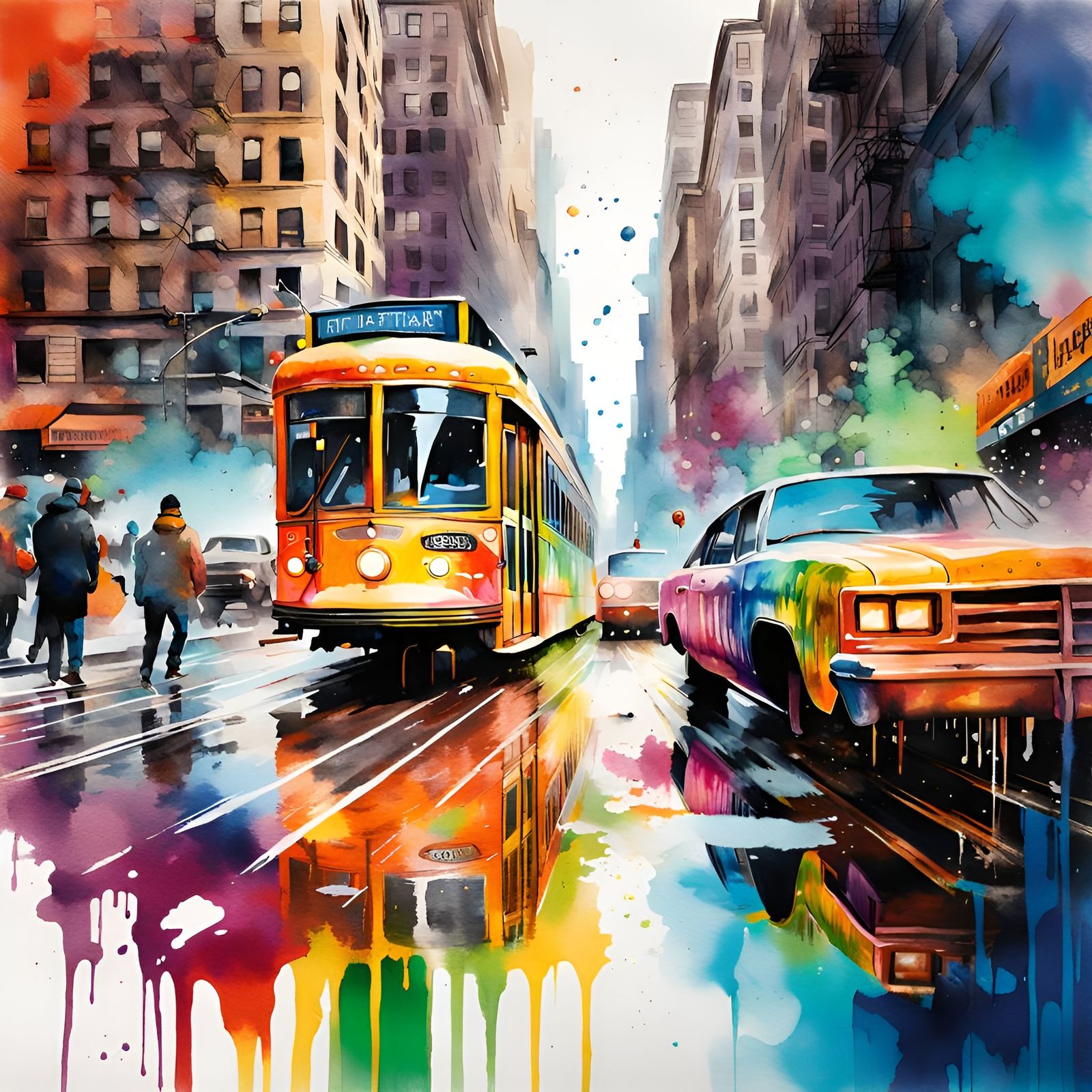 Streetcar Race in Manhattan: Watercolour Splash Art