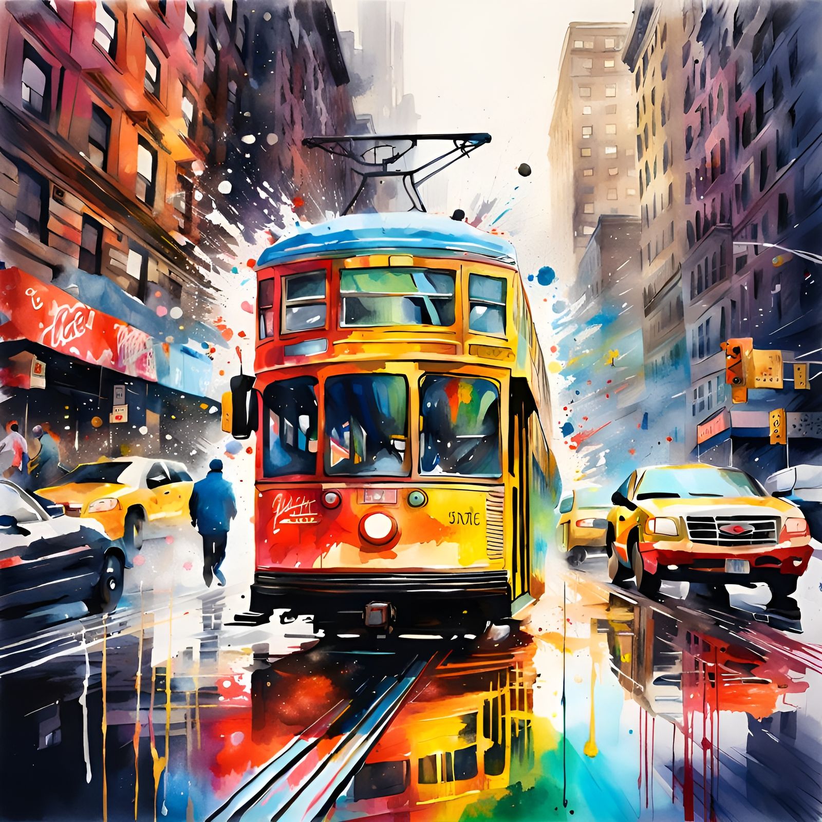 Manhattan Streetcar Race in Watercolour Splash Art
