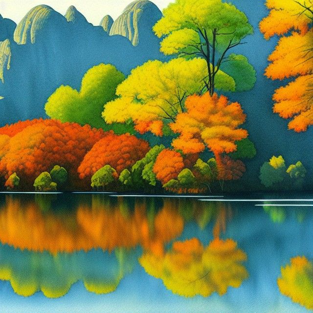 Autumn Lakeside: Photorealistic Woodcut Watercolor Tessellat...