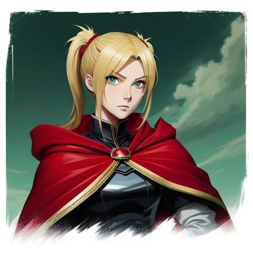 Anime Girl with Red Cape and Blond Ponytails