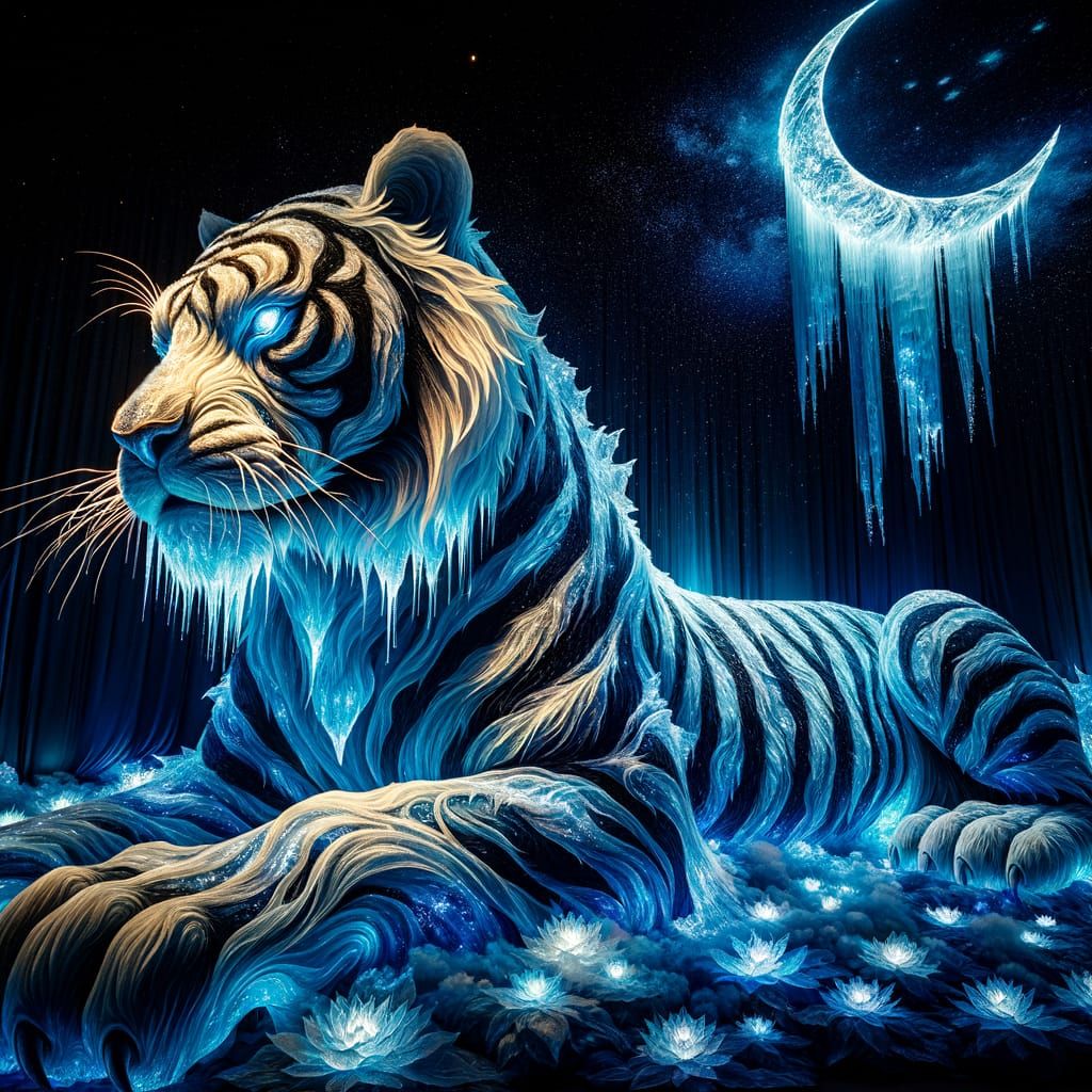 Mystical Blue Ice Tiger Under Crescent Moon