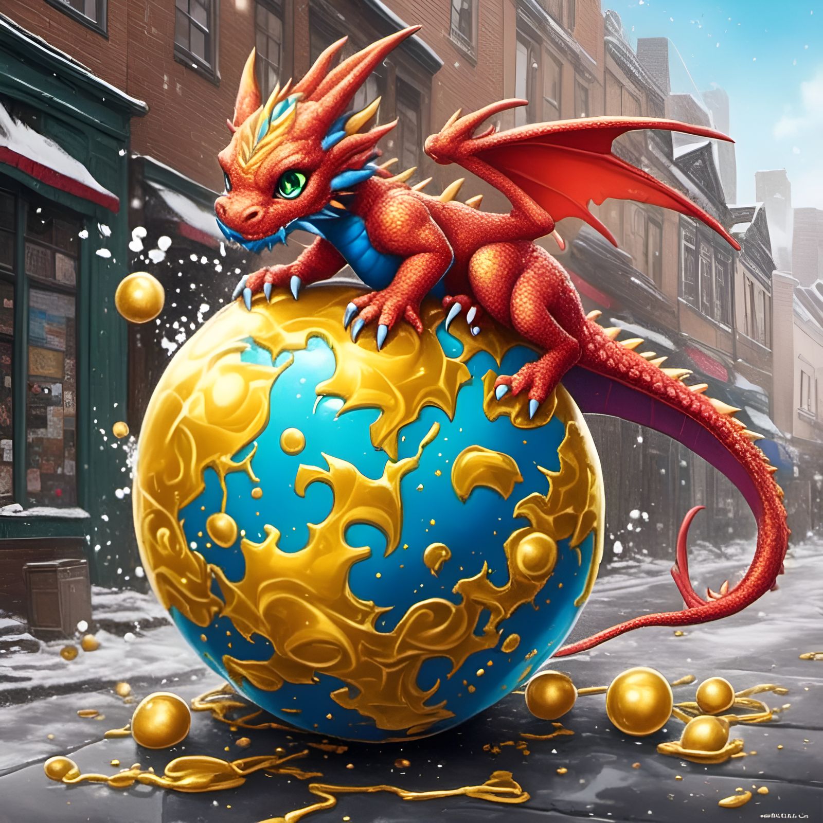 Cute Dragon Plays with Golden Ball in Graffiti Art