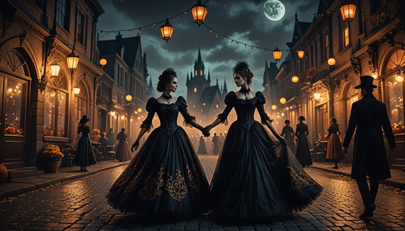 Lesbian Couple Dancing in Victorian Gothic Town Square