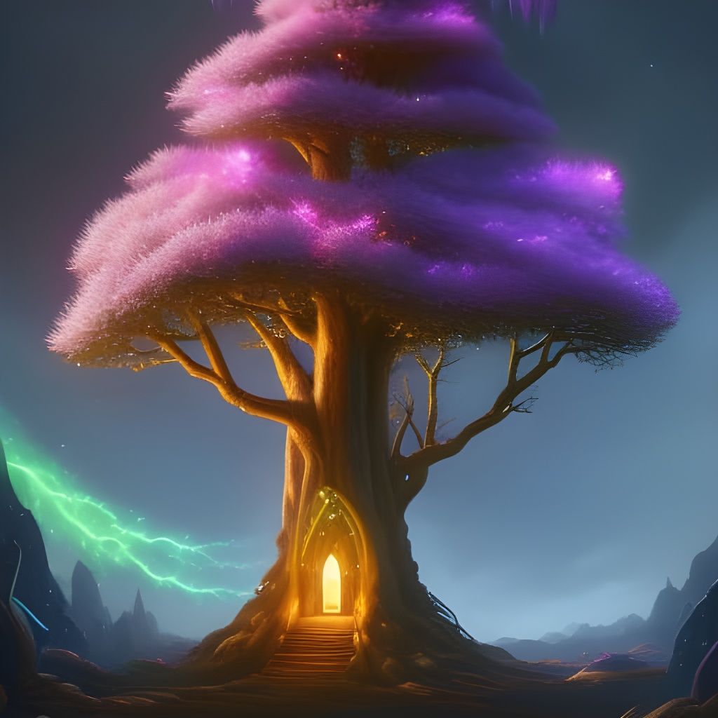 Magical Tree with Floating Crystals in Fantasy Landscape