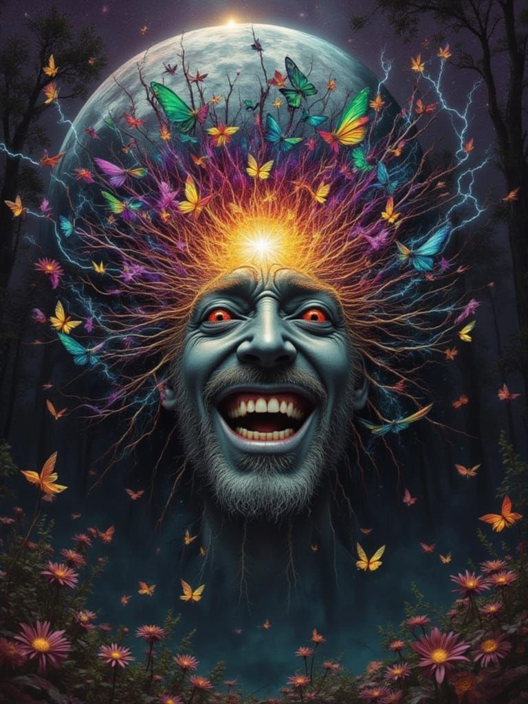 Fractal Man in Burning Forest with Rainbow Lightning