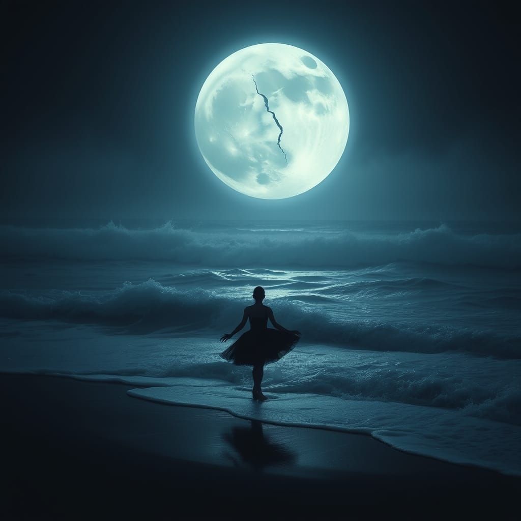Ethereal Ballerina Amidst Turbulent Waves on a Darkened Shor...