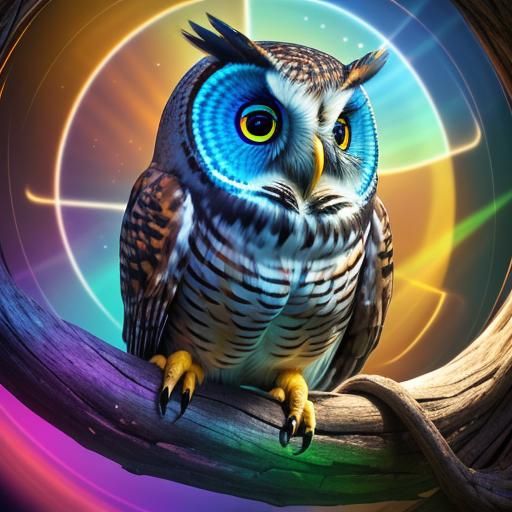Photorealistic Owl with Iridescent Sunshine Rays